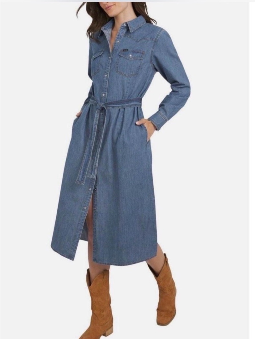 Wrangler Blue Denim Midi Shirt Dress with Tie Waist